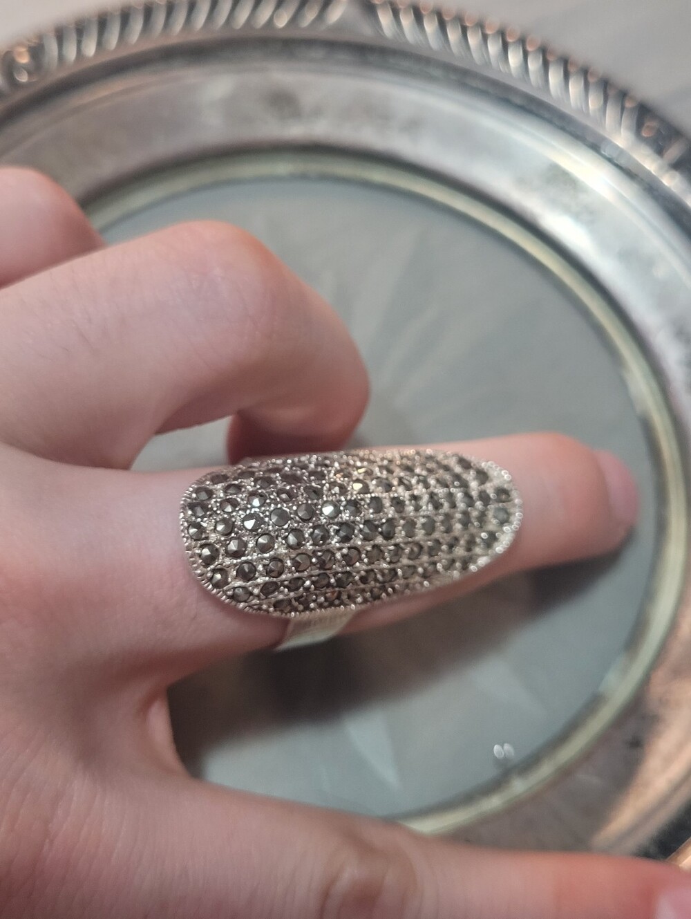 Silver Sterling Pave Statement Ring - Long Oval Design